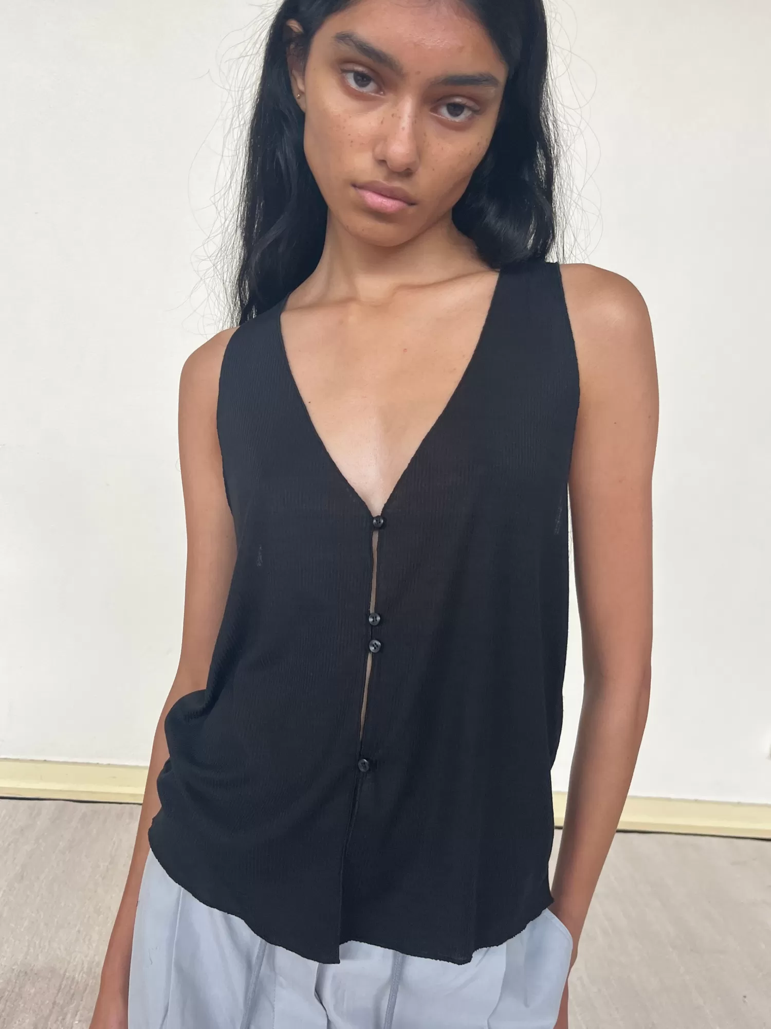 JerseySeparates | Tops-Deiji Studios Button Up Knit Tank Black