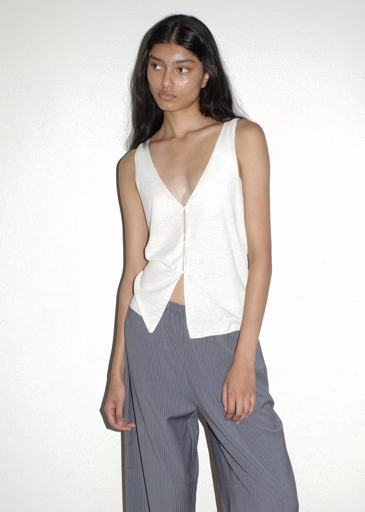 JerseySeparates | Tops-Deiji Studios Button Up Knit Tank OffWhite