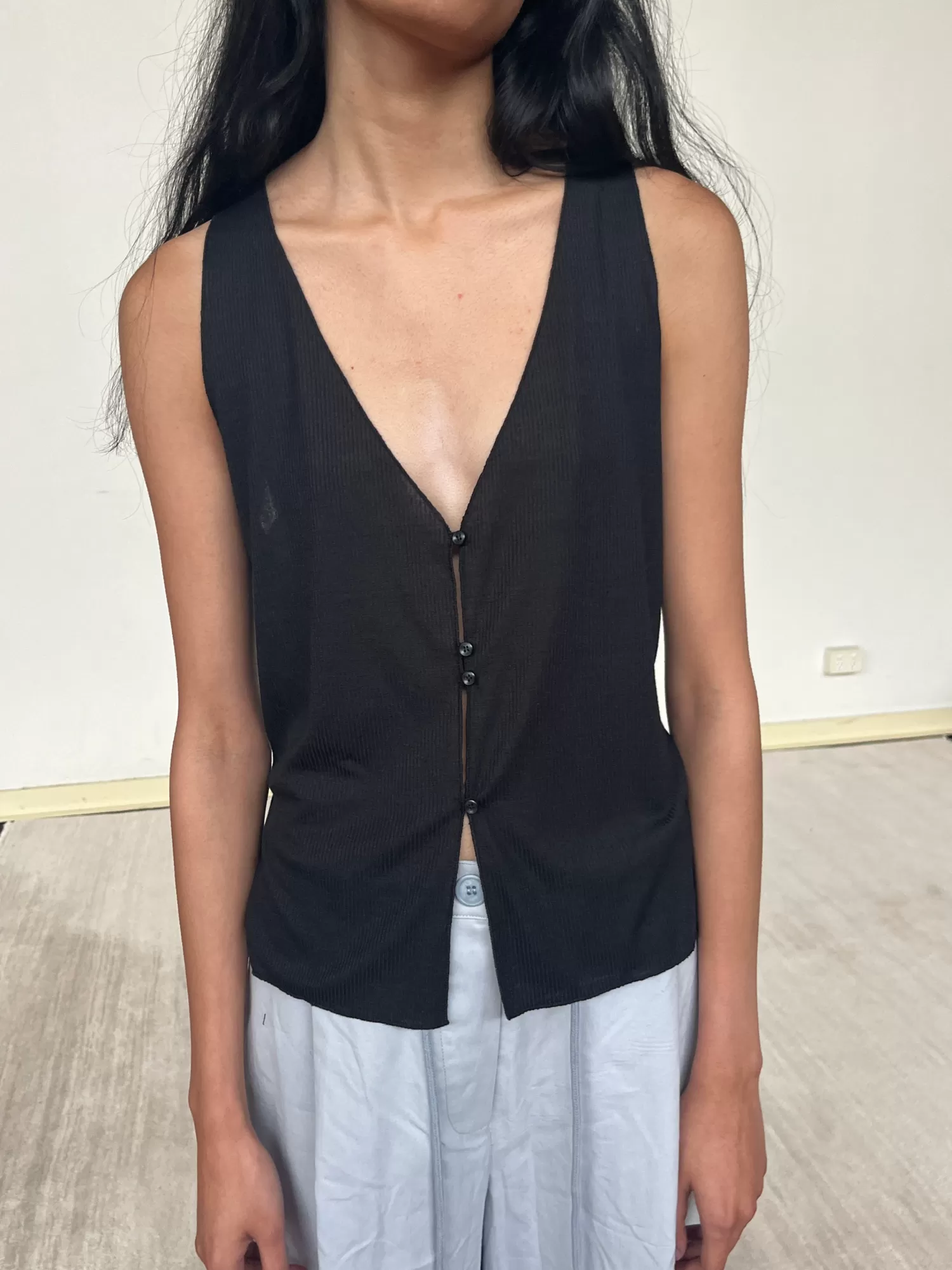 JerseySeparates | Tops-Deiji Studios Button Up Knit Tank Black