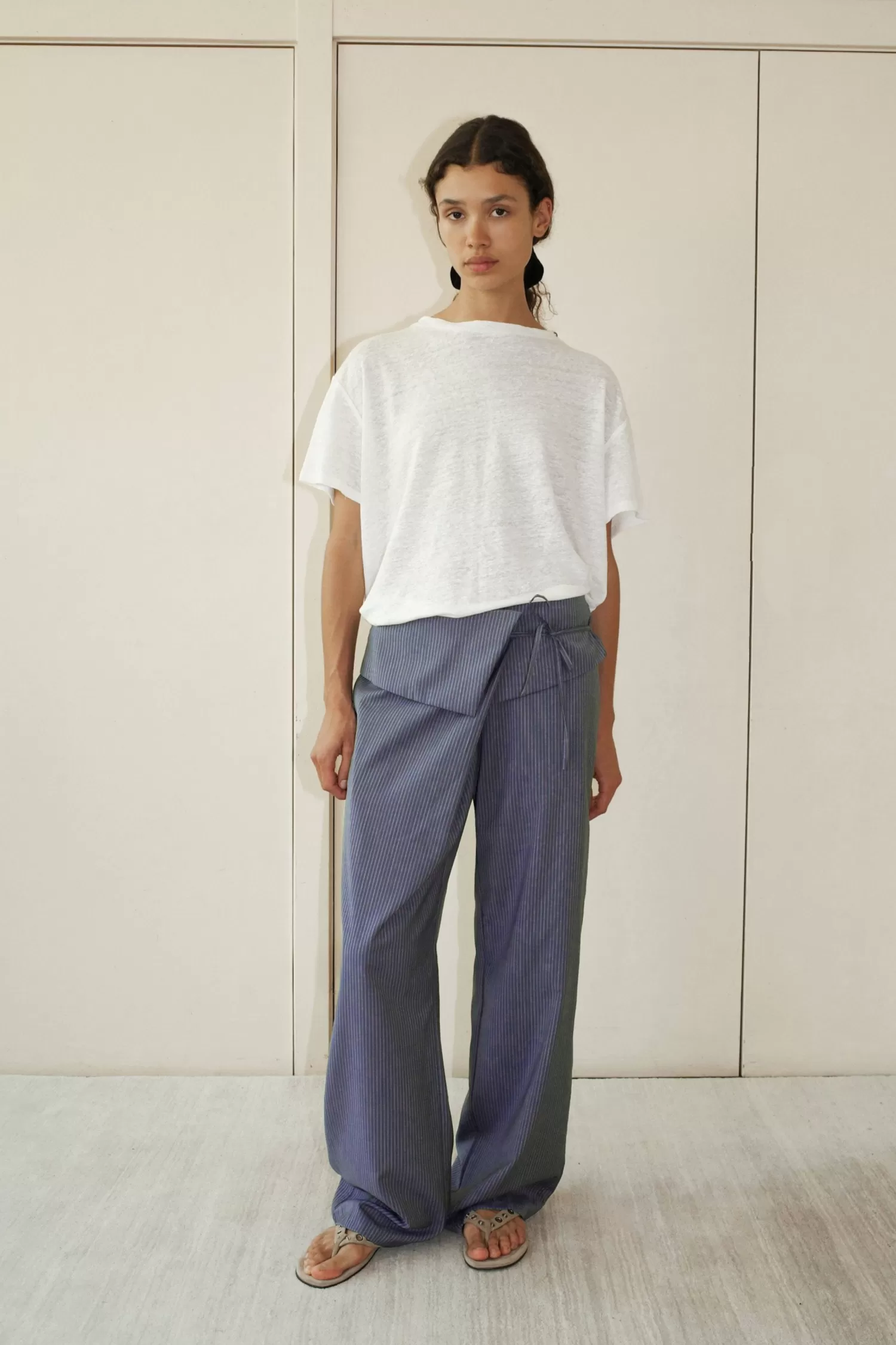 Bottoms-Deiji Studios Folded Wool Pant NavyStripe