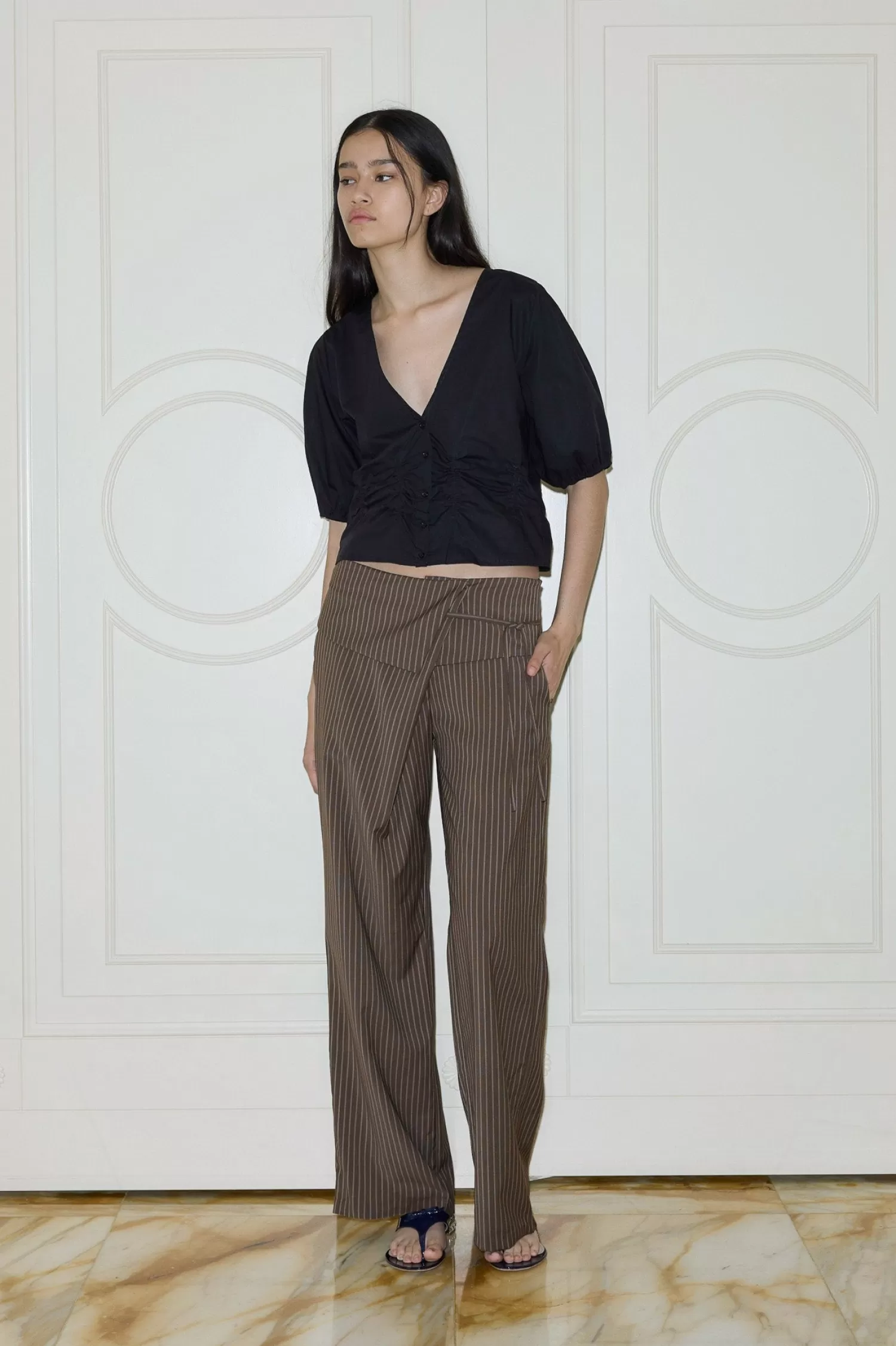 Bottoms-Deiji Studios Folded Wool Pant SableStripe