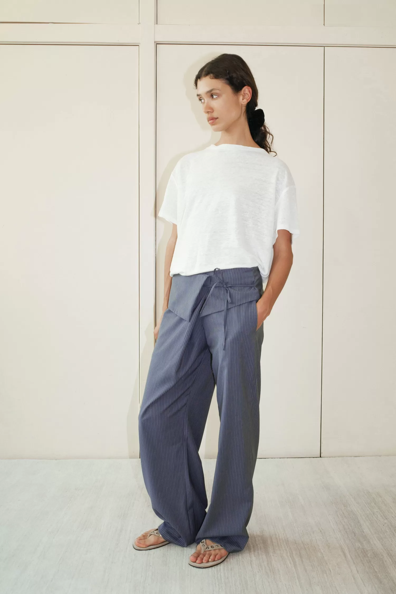 Bottoms-Deiji Studios Folded Wool Pant NavyStripe