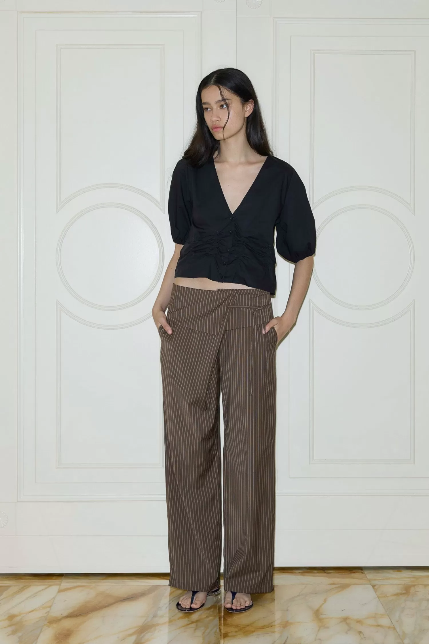 Bottoms-Deiji Studios Folded Wool Pant SableStripe