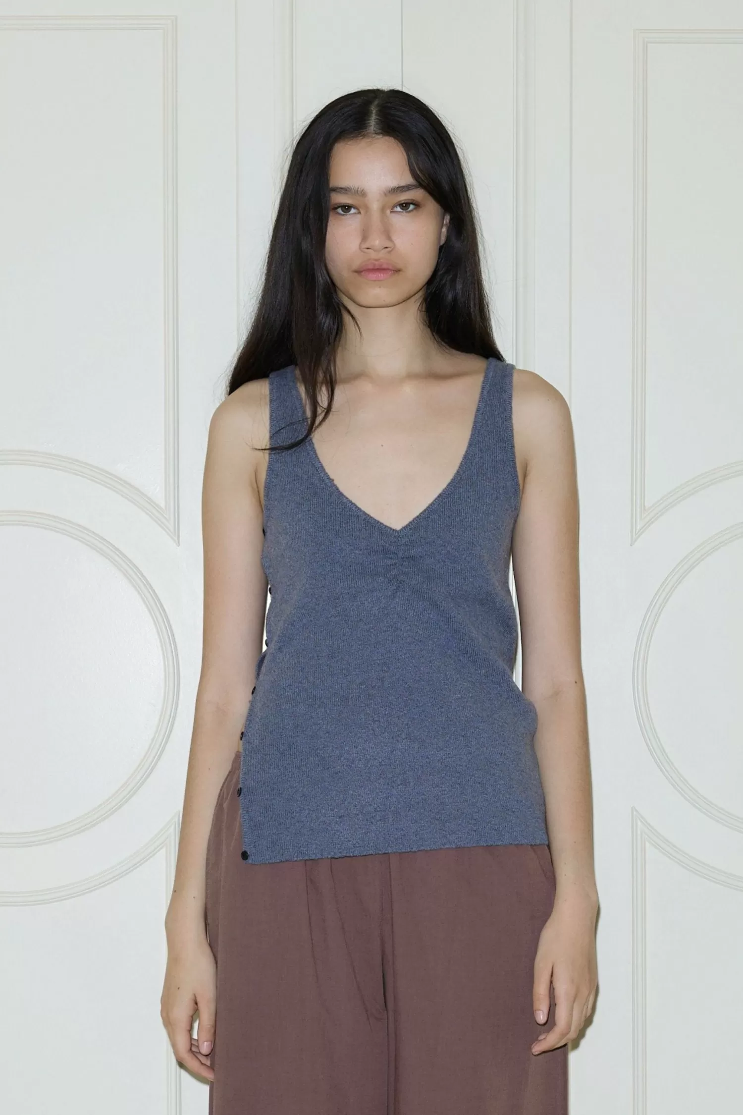 Tops-Deiji Studios Gathered Knit Tank HazeBlue