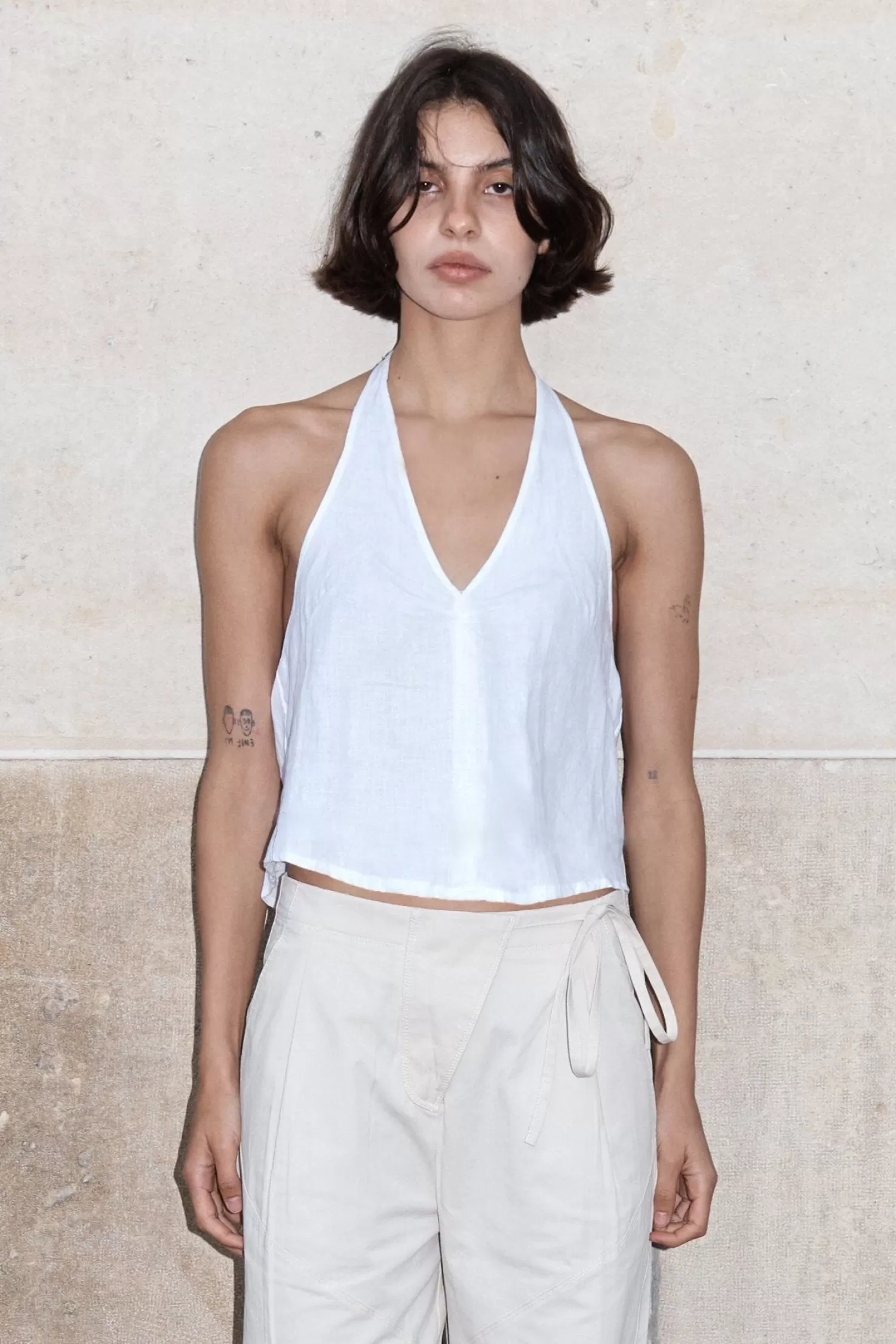 Tops-Deiji Studios Linen Halter Top White