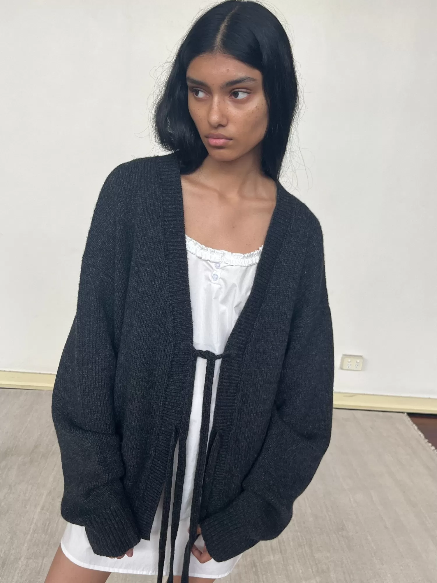 Outerwear | Tops-Deiji Studios Two Tie Front Cardigan Charcoal