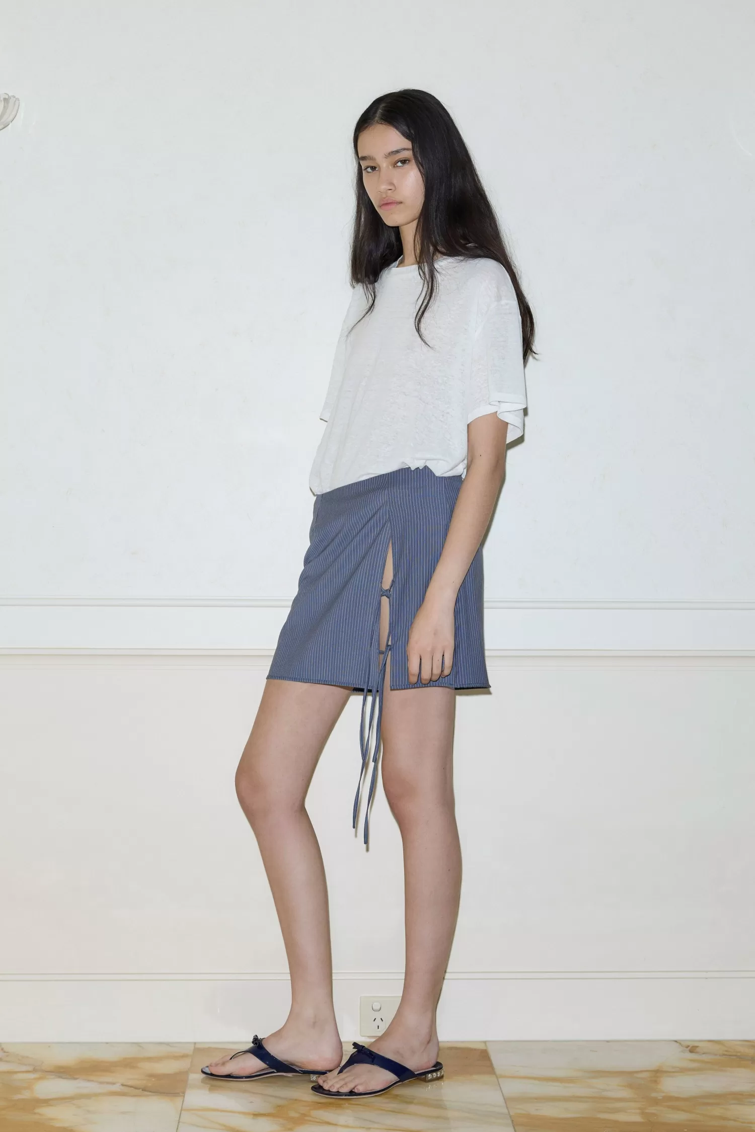 Bottoms-Deiji Studios Two Ties Skirt NavyStripe